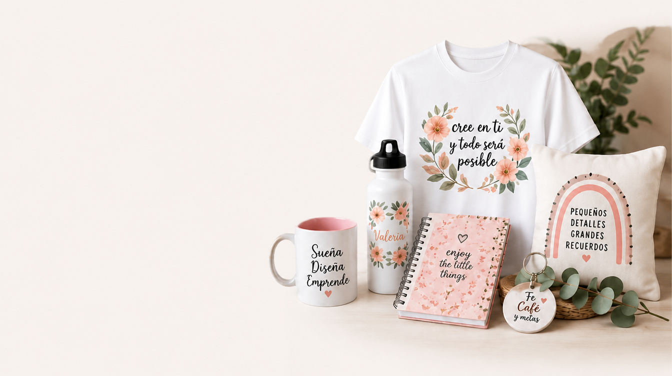 Camiseta, mug, botella, libreta, cojín y llavero personalizados a mano con diseños florales de sublimación