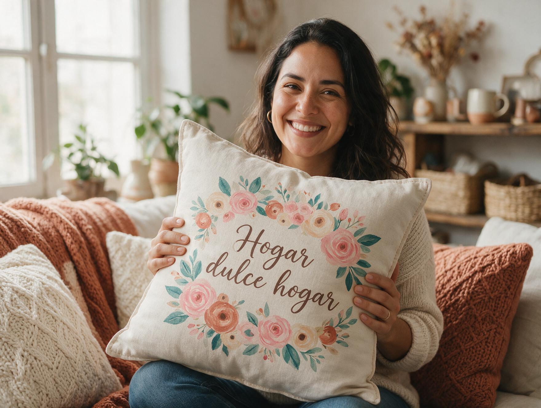Alumna Laura G. sosteniendo un cojín personalizado Hogar dulce hogar