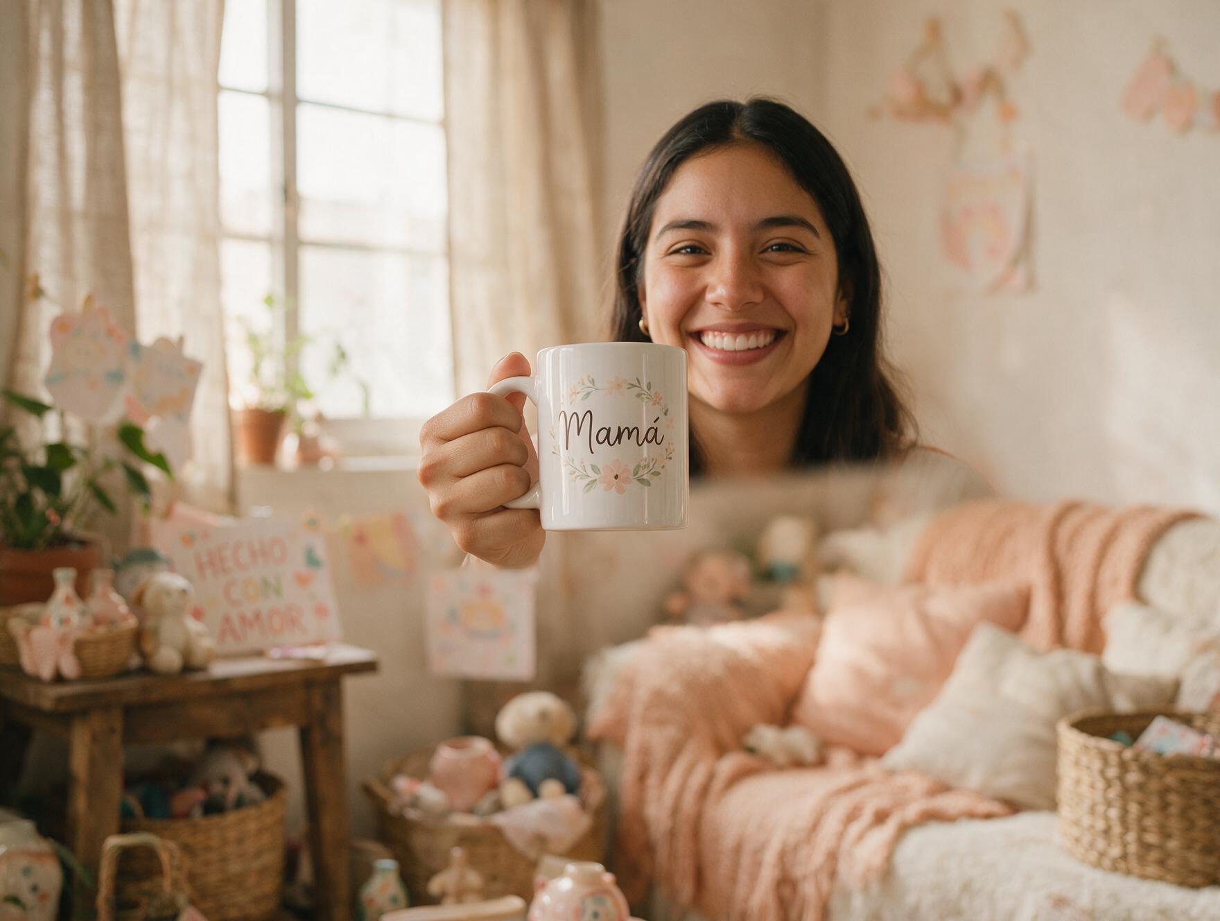 Alumna Andrea P. con un mug personalizado que dice Mamá