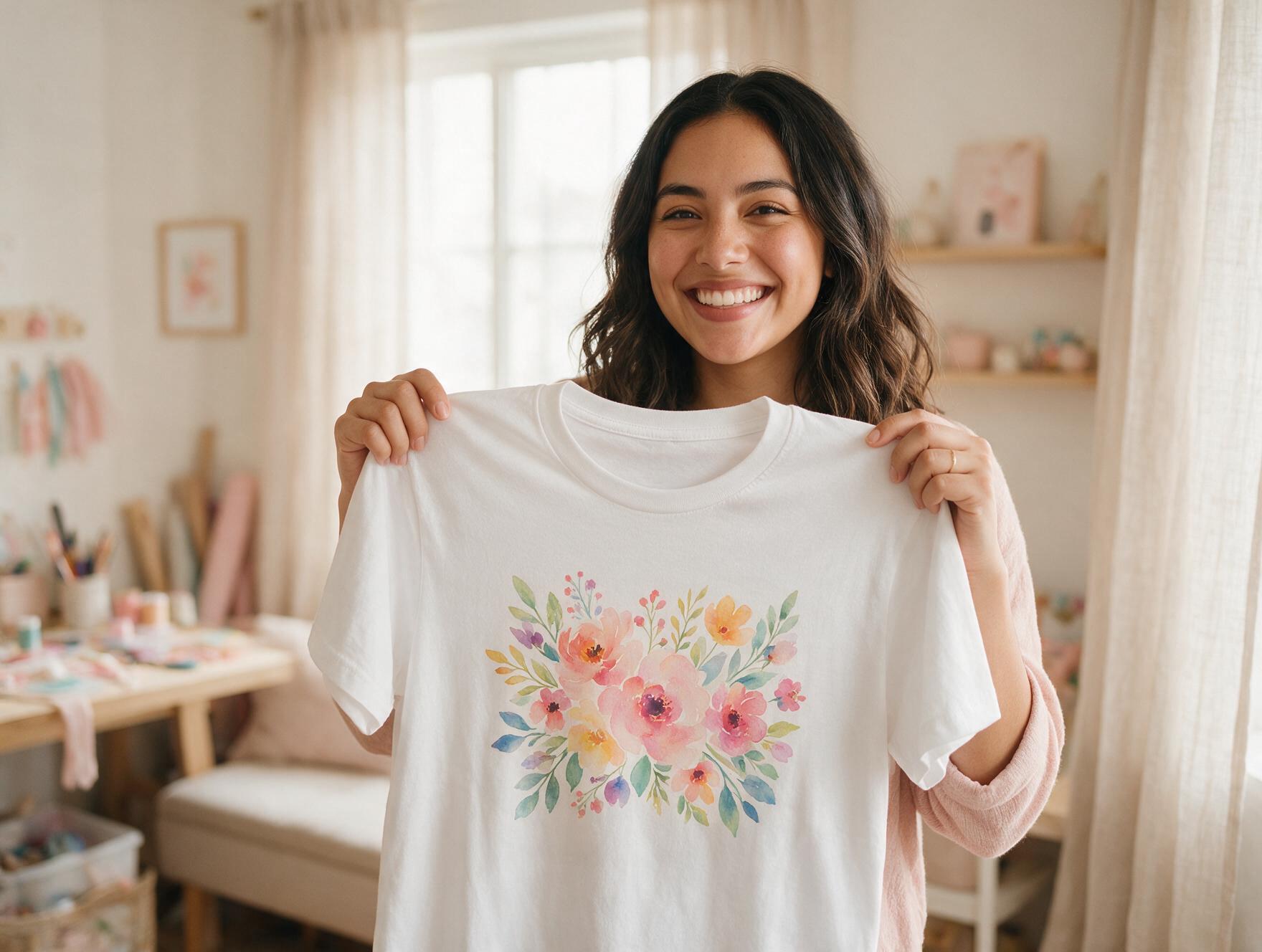 Alumna Karol T. mostrando una camiseta sublimada con diseño floral